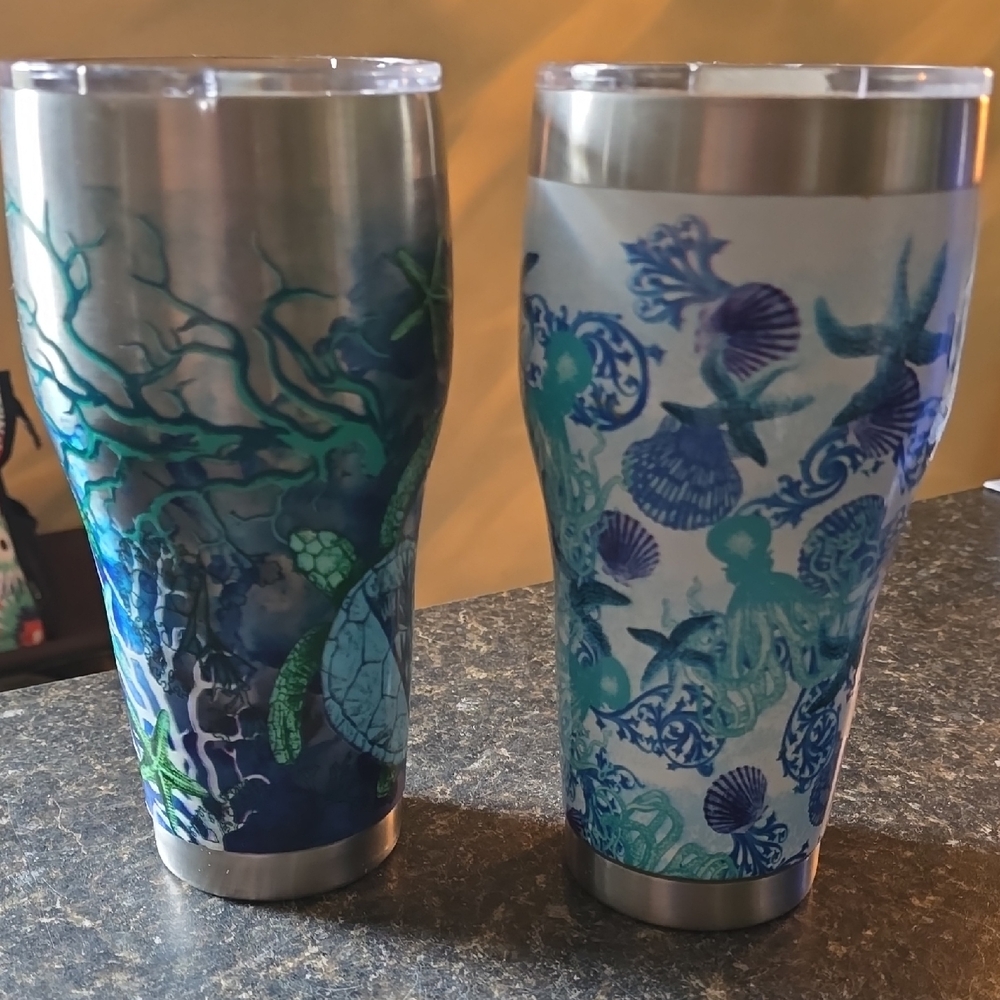 2 Ocean-Themed Stainless Steel Tumblers. 30oz.